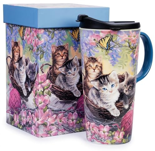 DUSVALLY 500ml Ceramic Travel Mug with Lid, Cat Mug with Kitten Floral Art | 17oz large ceramic coffee mug with handle, pink flowers and butterflies; matching gift box, microwave and dishwasher safe