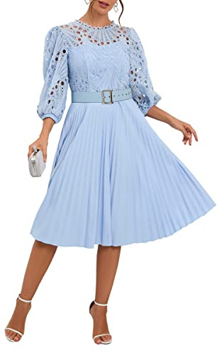 IWFEV Spitzenkleid mit Falten und Puffärmeln – Midi-Länge, ausgeschnittenes Party-Abendkleid, hellblau, XL