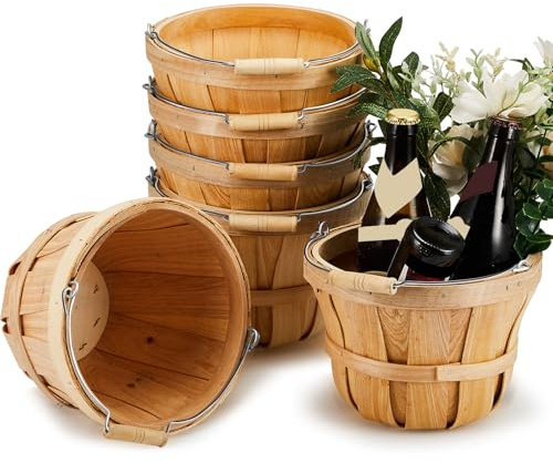 6 Pack Round Wooden Fruit Baskets Small Bushel Apple Buckets with Handle Display Buckets for Gifts Empty Easter Spring Winter Basket for Fruits Vegetables, Home Party Supplies