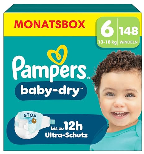Pampers Baby-Dry, Taille 6, 148 Couches, 13-18kg, Une nuit jusqu'à 100% sans fuites avec la Poche Stop & Protect à l’arrière de la couche, Pack 1 Mois
