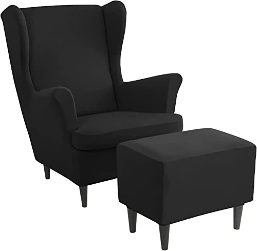 Ohrensessel überzug mit Hocker Bezug, 2 Teilig Sessel-Überwürfe+1 Teilig Ottomane Schonbezug, Beige/Grün/Rosa/Blau Ohrensessel Schonbezüge Sesselhusse Stretch Tiger Stuhlbezug mit Armlehne ( Color : #