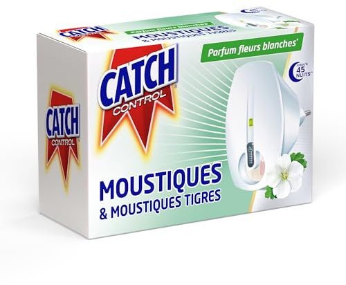 CATCH CONTROL Diffuseur Electrique Reglable Anti Moustiques et Moustiques Tigres, Parfum Fleurs Blanches, Repulsif Efficace Meme Fenetres Ouvertes, Longue Duree, Protection 45 Nuits | diffuseur, moustiques tigres, parfum fleurs blanches, protection longue durée, efficace fenêtres ouvertes, usage intérieur