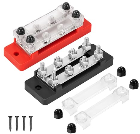 GUNGY Blocco di Distribuzione dell'alimentazione 12V-48V DC Busbar 150A Morsettiera di Alimentazione 2 Vie con 8 x M6 Terminale a Bolts per Auto Barca Rosso e Nero 2 Pezzi