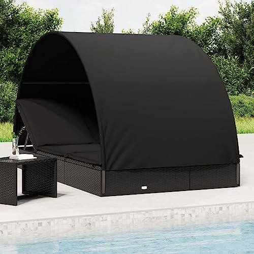 Homgoday Doppelliege mit rundem Dach, schwarz, 211 x 112 x 140 cm, aus Polyrattan, Sonnenliegen, Schlafsofa, Gartenliegen, Poolliegen, für Terrasse, Pool, Balkon