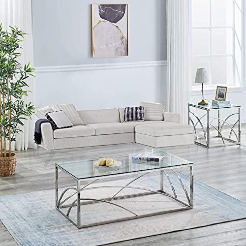 Couchtisch- und Beistelltisch-Set aus Glas – Gestell aus 100% Edelstahl mit Tischplatte aus gehärtetem Glas – Wohnzimmermöbel-Set, 2-teilig (Chrom, Silber)