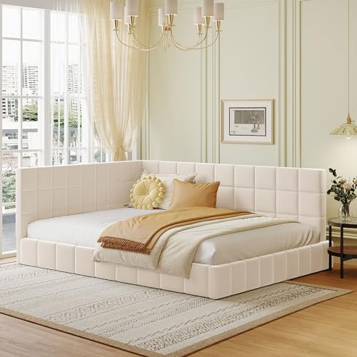 HAINEW Polsterbett Schlafsofa 140 x 200cm mit Ecke Rückenlehne, Moderner Samt Doppelbett Bettgestell Gepolstertes Rahmenbettgestell mit Lattenrost Für Erwachsene, Kinder, Jugendliche (Beige)