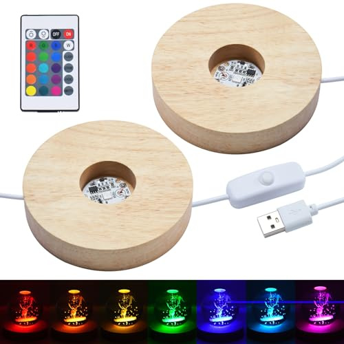 NEWCOMDIGI 2pcs LED Colorful Lights Base—Wooden Round Lighted Base,Adjustable 7 Colors,Multi Colors Changing Display Stand with Remote Control for Home for Illuminate 3D Crystal Glass Resin Art