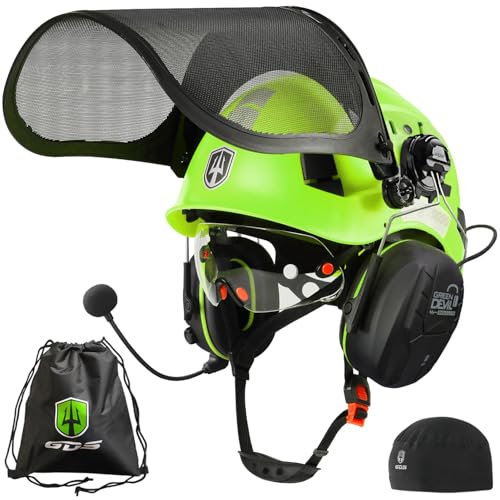 GREEN DEVIL Casque de protection pour tronçonneuse - Casque de sécurité avec protection auditive Bluetooth - Cache-oreilles et protection du visage - Double couche - Protection des yeux 5 en 1 - EN397