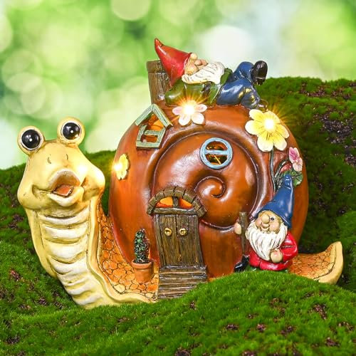 FAYAMILA Statue d'extérieur naine d'escargot de jardin, décoration extérieure à énergie solaire avec 3 lumières LED, cadeau de jardinage idéal pour femme, décoration de jardin pour l'extérieur
