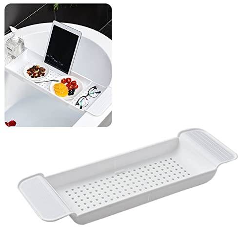 Cyrank Bandeja Extensible para Bañera, Bandeja De Puente para Baño, Estante De Drenaje para Bañera, Bandeja De Plástico para Bañera, Libro, Soporte para Almohadilla De Teléfono(Blanco)