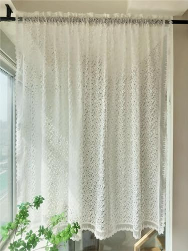 Vordesack Jacquard Scheibengardine mit Blumenmuster 1 Stück HxB 120x150cm | Sanfte Spitzengardine Landhausstil mit Lochstickerei & Wellensaum Halbtransparente Gardine mit Stangendurchzug Weiß