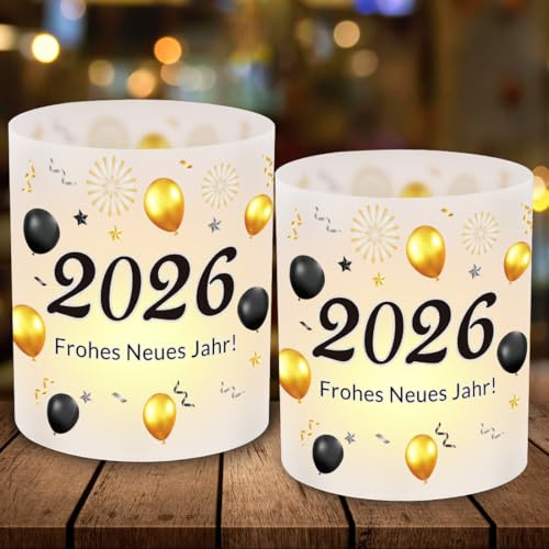 12 Windlicht Tischdeko Silvester, Silvester Deko 2026, Frohes Neues Jahr Deko 2026, Happy New Year Tisch Deko, Silvesterdeko Party Set, Schwarz Gold Tischdeko Geschenk zur Silvesterdeko Neujahrs Party