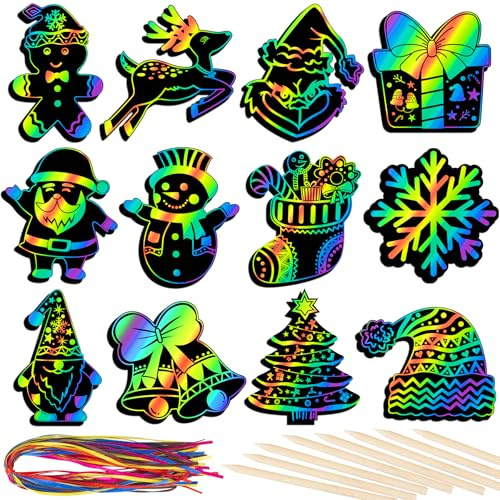 RICEDUO 36 Stück Weihnachten Kratzbilder Set für Kinder, Regenbogen Weihnachten Kratzpapier Bastelset mit hölzernen Stöcken, Weihnachtsschmuck für Kinder Party Bevorzugung Supplies