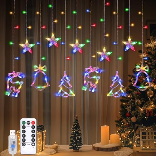 Lewondr Rentier Weihnachtsvorhang Lichter, 138 LED Glocke Weihnachtsbaum Hängende Lichter mit 6H Timer & 8 Modi, USB Betriebene Lichterketten, Weihnachtsdekoration für Home Party Indoor, Buntes Licht