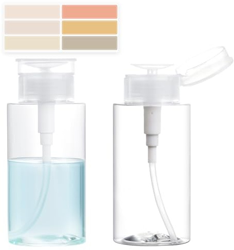 2 Pack Push Down Pump Dispenser, Empty Pump Bottle Dispenser with DlY Lables for Nail Polish, Makeup Remover, Alcohol, Facial Toner 6.7oz/200ML