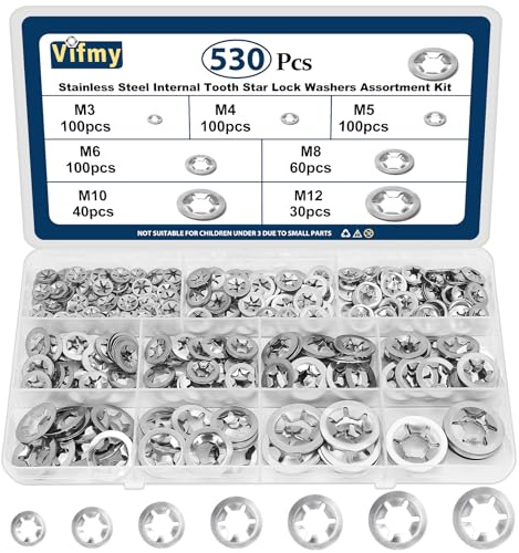 Kit surtido de arandelas de seguridad de estrella internas Vifmy (paquete de 530), M3, M4, M5, M6, M8, M10, M12, métricas, de acero inoxidable, con presión.