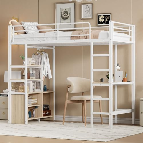 Merax Kinderbett Hochbett 90x200cm, Hochbett mit Schreibtisch, Treppe und Schrank, Jugendbett Bettgestell mit Steckdose und USB, Weiß(Ohne Matratze)