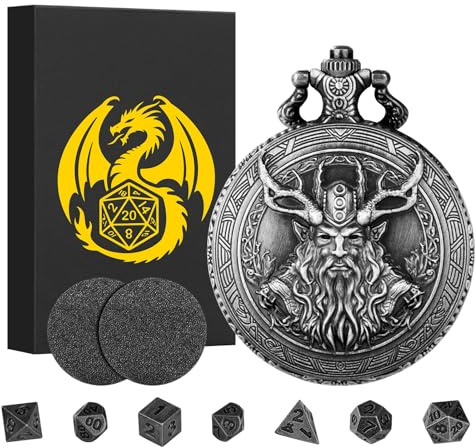 Mini Set di Dadi DND, Steampunk Druido Custodia per Orologio da Tasca, 7 pezzi in Metallo Poliedrico Set di Dadi D&D, Regali di D&D con Scatola Regalo, Accessori per Giochi di Ruolo, Argento Scuro