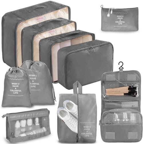 Koffer Organizer, Packing Cubes, Koffer Organizer Set 10-Teilige, Kofferorganizer Wasserdichte, Packwürfel, mit Packtaschen, Kleidertaschen, Kosmetiktasche, Schuhbeutel, Organizer Koffer (Grau)