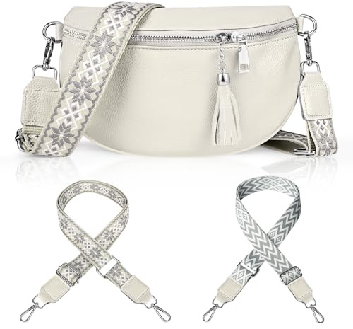 Gerbala Bauchtasche Damen Leder, Kleine Damen Umhängetaschen, Leder Handy Umhängetasche Echtes Crossbody Bag mit 2 Breitem Schultergurt Kartenhalter für Reisen Einkaufen Arbeiten (Weiß)