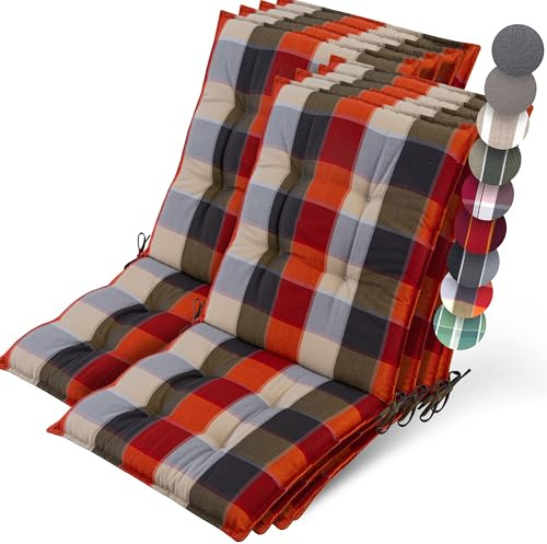 Beautissu 8er Set Premium Niedriglehner Auflage Gartenstuhl Polster | 100x50cm Orange-Beige kariert 8cm dick rutschfestes robust UV-Lichtechtheit 5 Gartenstuhlauflage rutschfest Garten Sun-NL