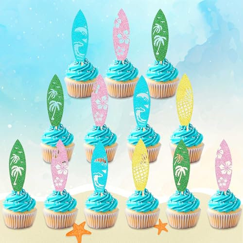 24 pcs dessus de cupcake surfboard summer beach surf décoration de gâteau d'anniversaire en forme de muffin pour swimming beach party luau birthday babyshower party supplies