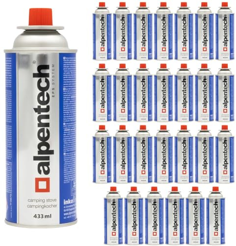 Alpen Camping Lot de 28 cartouches de gaz butane - 250 g - 450 ml - Pour réchaud à gaz, chalumeau à souder, chalumeau Bunsen, camping, cuisinière en extérieur - Rechargeable - Compatible EN 417 (28