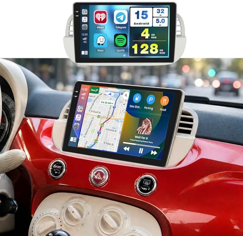 Fuluku 4+128GB 9'' Incell Autoradio per FIAT 500 2007-2015 Android Stereo | Stereo per Schermo Touch HD 9, CarPlay/Android Auto Wireless, Navigatore GPS, WiFi, RDS/FM, Radio Auto Bluetooth, EQ/SWC