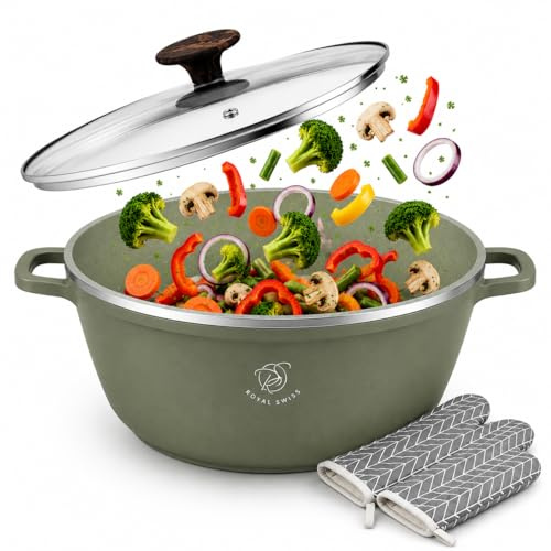 Royal Swiss Faitout 9,5 L 32 cm avec Revêtement Marbre Antiadhésif, Couvercle en Verre, Faitout Induction Compatible Tous Feux, Grande Marmite pour Soupes, Ragoûts, Pâtes et Cuisine Familiale, Vert