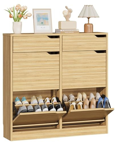 IRONCK Schuhschrank mit 4 Klappen, Schuhkipper Schmal mit 2 Schubladen, freistehendes Schuhregal, Schuhkommode mit verstellbaren Trennwände, Schuhablage Schrank für Flur Eingang und Wohnzimmer (Holz)