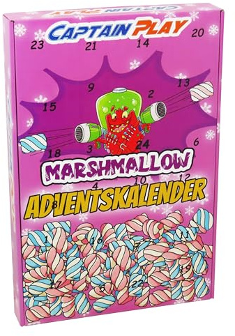 Marshmallow Adventskalender 2025 – 24 einzeln verpackte Mini Marshmallows, süßer CAPTAIN PLAY Weihnachtskalender, 1er Pack (1 x 96g)