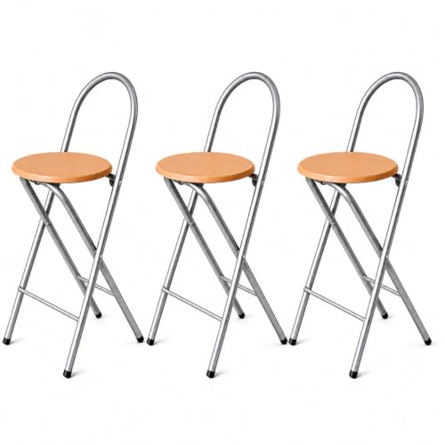 KMH Bill - Set di 3 sgabelli da bar pieghevoli e salvaspazio, decorazione in legno di argento, con schienale e poggiapiedi, struttura in acciaio, altezza seduta 73,5 cm, stabile e versatile per cucina