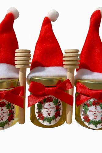 Pot de miel Noël – Cadeau invités pour table de fête – Mini pot 42g avec chapeau Père Noël + cuillère – Décoration table réveillon – Miel français artisanal, fait main (lot de 20)