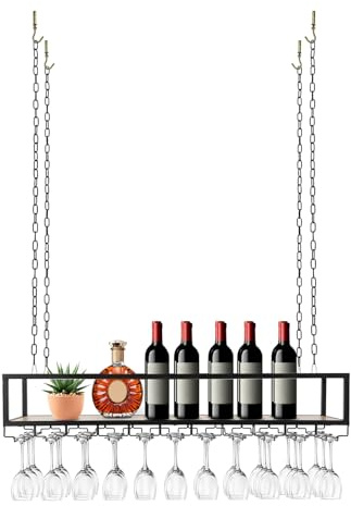 MEELRYD Scaffale da soffitto per bottiglie di vino, da appendere, in metallo, regolabile in altezza, in legno e ferro, industriale, per bar, cucina e ristorante
