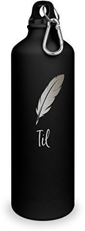 Trinkflasche mit Namen Til - graviert mit Feder Layout, Aluminiumflasche mit Gravur, Sportflasche - matt schwarz