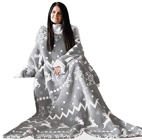 HOMELEVEL Coperta con Maniche Lunghe - Plaid Invernale Braccia Coperte - Poncho Pile - Coperta Divano 150x200cm - Tessuto Sherpa - Design Norvegese