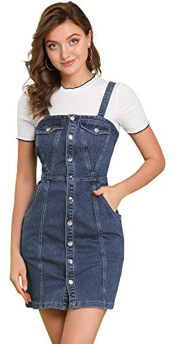 Allegra K Falda con Tirantes de Mezclilla con Tirantes Ajustables y Botones para Mujer Azul Oscuro M