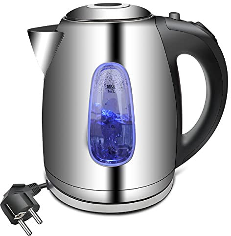 EXTRASTAR 2200W Hervidor eléctrico de cristal de 1,7 L con iluminación LED, apagado automático y protección contra ebullición en seco, acero inoxidable
