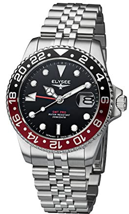 Elysee Herrenuhr GMT PRO. 40 mm 20 ATM Herren zweite Zeitzone, Verschraubte Krone, Leuchtzeiger, Datumsanzeige schwarz rot 80590, 80591, 80592, 80593, 80594, 80598, 80599, 80600, 80615