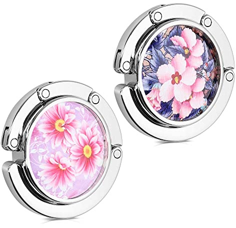 kwmobile 2X Crochet de Sac à Main - Accroche Sac Pliable en métal - Porte-Sac pour Table ou Bureau - Suspension Sac à Main et Petits Objets - Fleurs Blanches Rose Clair-Bleu-Jaune