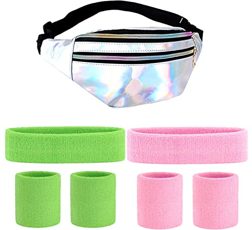 CHRI 80er Jahre Bauchtasche Stirnband Neon, Armbänder und Stirnband | 80er 90er Jahre Outfit Damen Accessoires Verstellbarer Hüfttasche Wasserdicht für Retro Party Thema Karneval