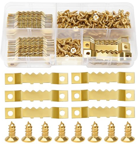 YIXISI 85 Stücke Sägezahn Bildaufhänger + 170 Stücke Schrauben, Doppel-Loch Bilderrahmenaufhänger, Sägezahn Bilderrahmen Halter für Keilrahmen Bilderrahmen Bilderrahmenaufhänger, Golden(45 x 8mm)