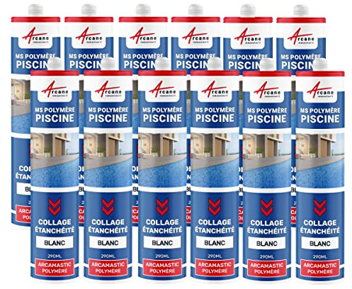 Mastic Piscine, Colle et Étanchéité, Carrelage, Béton 290 ml x 12 Blanc | Colle et Joints Étanches Piscine, Carrelage, Mosaïque et Béton, Résiste au Chlore et à l'Eau Salée - Arcane Industries