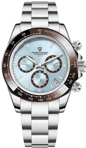 RollsTimi Orologio da uomo Orologio sportivo multifunzione Movimento cronografo al quarzo Giappone VK63 Cinturino in acciaio inox impermeabile 100M (Blu cielo-PQ-1644)