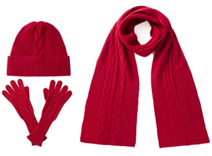 Villand Damen 3-teiliges Set aus 100% reinem Kaschmirschal, Hut und Handschuhen, Winter-Set mit Zopfmuster und Geschenkbox.