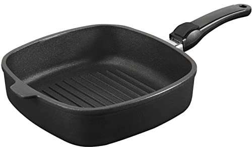 SKK Aluguss Grillpfanne 26x26 cm - ohne Induktion - viereckige Antihaft Steakpfanne gerippter Pfannenboden & abnehmbarer Griff - Made in Germany