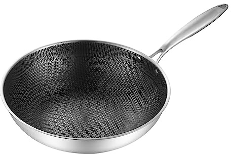 Sart¨¦n Antiadherente Con Tapa,plplaaoo Wok De Acero Inoxidable, Panal De Abeja De Doble Cara De 3 Capas Para Evitar Que Se Pegue La Sart¨¦n, Sart¨¦n De Wok Para Cocinar(34cm (no lid no ears))
