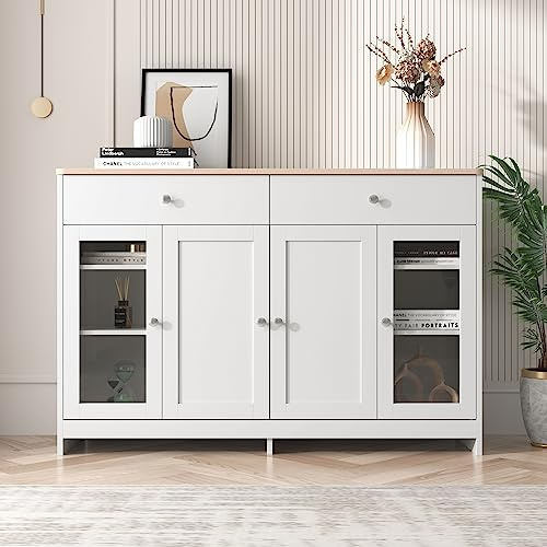 Moimhear Aparador con vetas de madera blanca, cuatro puertas, con dos cajones, puerta con cristal. Salón, comedor, color madera y blanco, 120 x 37 x 80 cm (largo x ancho x alto), WF303842843WAA