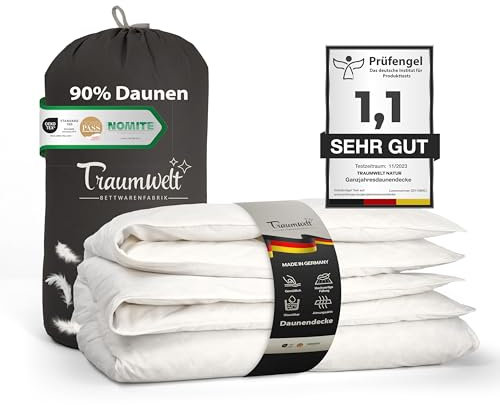 Traumwelt Natur Made in Germany Daunendecke 155x220 cm aus 90% Daunen und 10% Federn, für alle Jahreszeiten, Allergiker geeignet (nomite), Öko-Tex 100 Klasse 1 Zertifiziert, Downpass