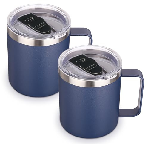 Volhoply 410 ml isolerad rostfritt stål kaffemugg med läcksäckt lock, 2-pack, dubbelväggsvakuum reskaffemugg med handtag, campingmugg håller varm/kall (Marinblå, 2)